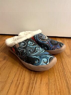 UIN Van Gogh Starry Night Pattern Slip-On Shoes Multicolor Faux Fur Lining Sz.9
